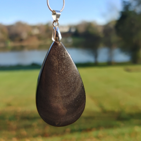 Large Black Obsidion Gemstone Pendant (2.5") -  w/ 925 Silver Overlay Chain - Picture 11 of 14